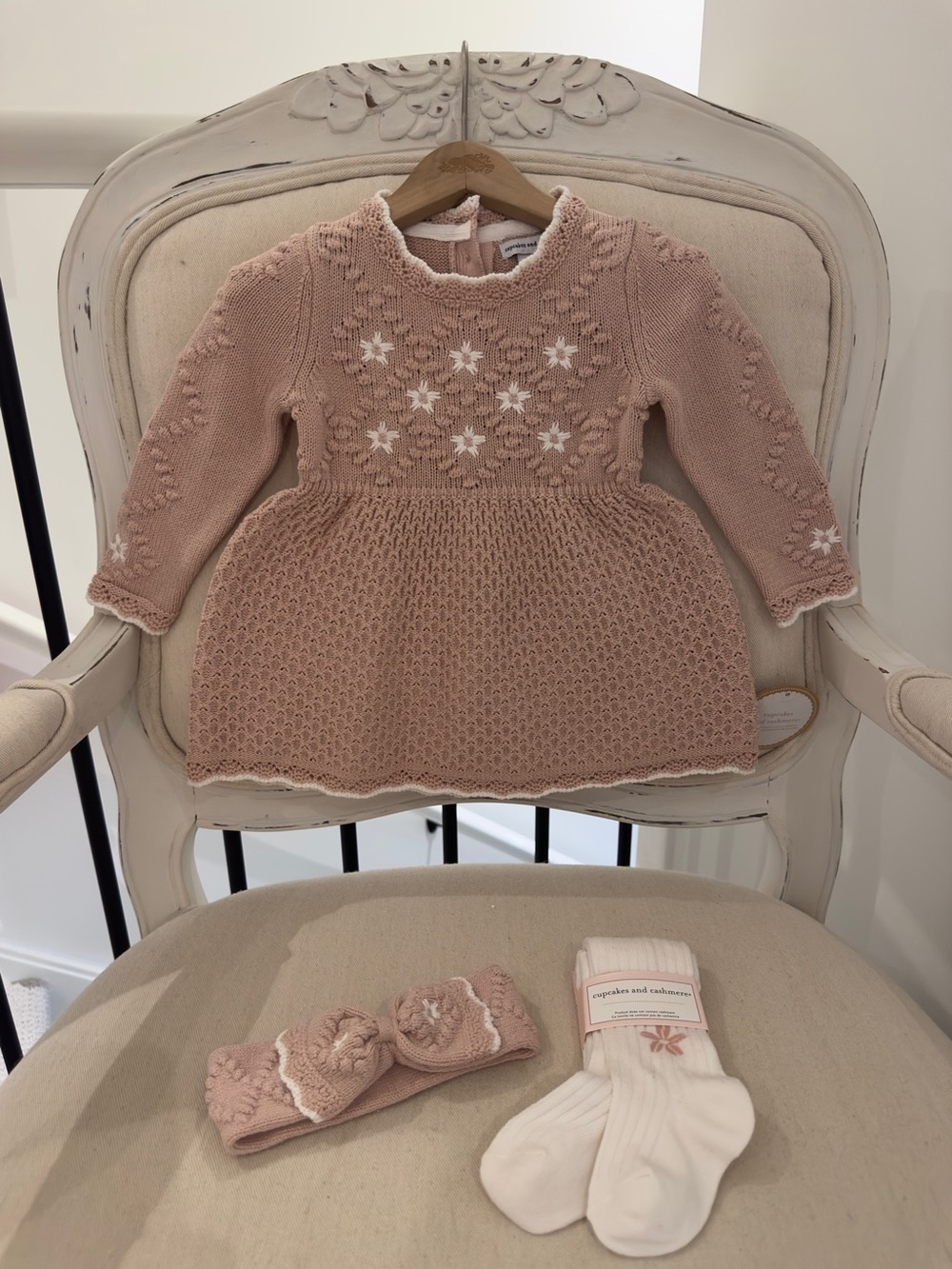 🦢 24 Mth Dusty Rose~Blush Knit Baby Dress with White Floral Embroidery Set NWT